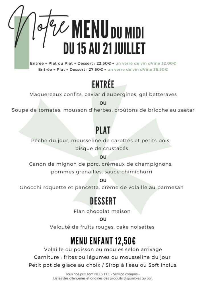 menu du 15 au 21 juillet