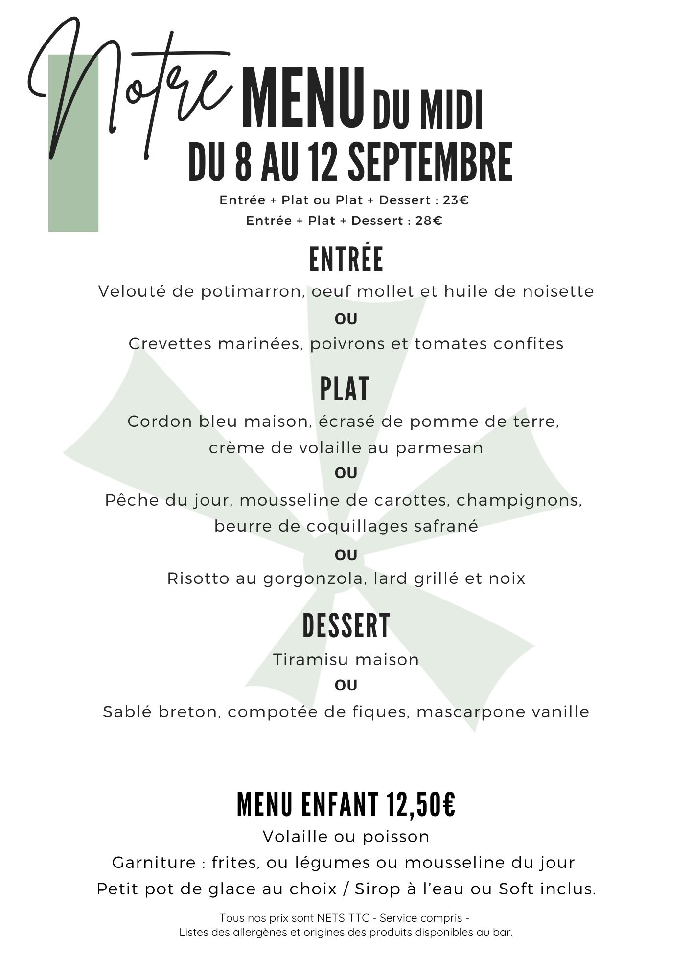 Menu du 8 au 12 sept